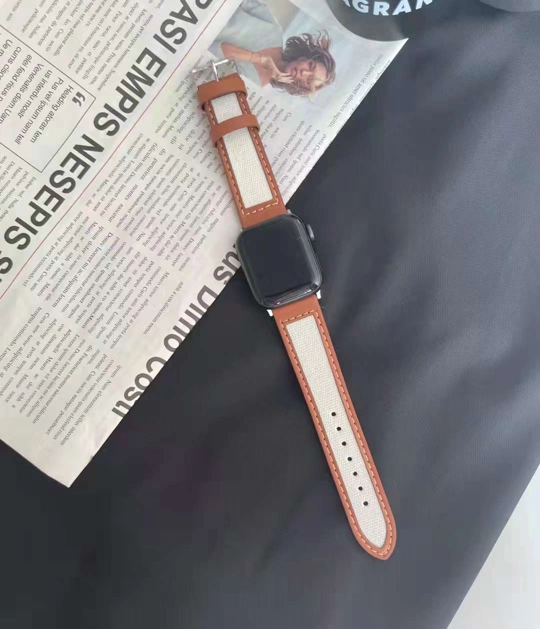 Dây đồng hồ Apple Watch 38mm/ 40mm/ 41mm/ 42mm/ 44mm/ 45mm (chất liệu da bò, họa tiết kẻ sọc) series 1 đến series 7